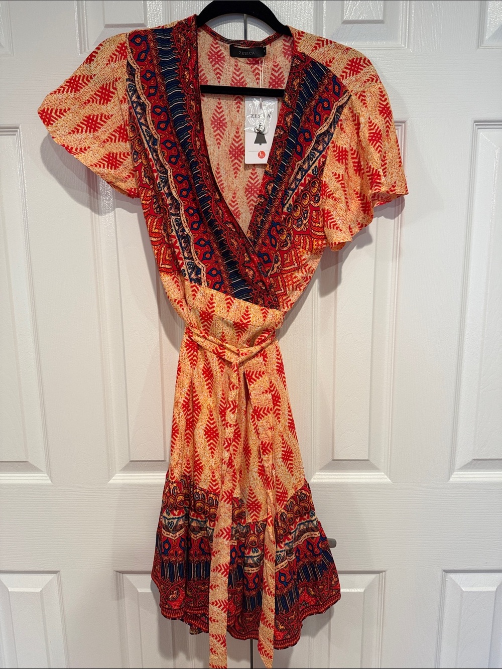 Lightweight Printed Red and Cream Wrap Mini Dress with Navy Trim